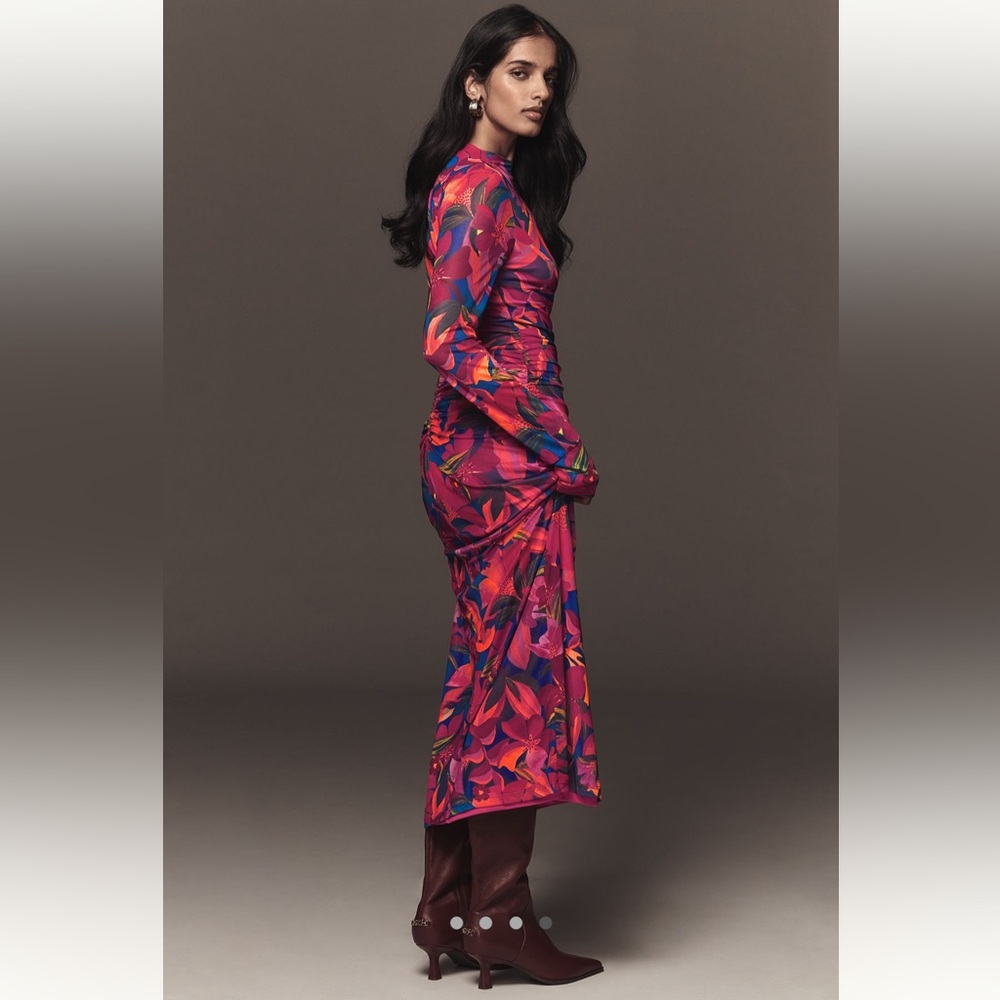 Farm Rio Long sleeve Mock-Neck Mesh Slim Midi Dress - Picture 3 of 4